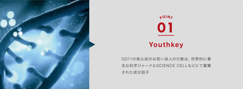 POINT1 Youthkey　GD11の核心成分は若い成人の引数は、世界的に著名な科学ジャーナルSCIENCE CELLなどにて賞賛された成分因子